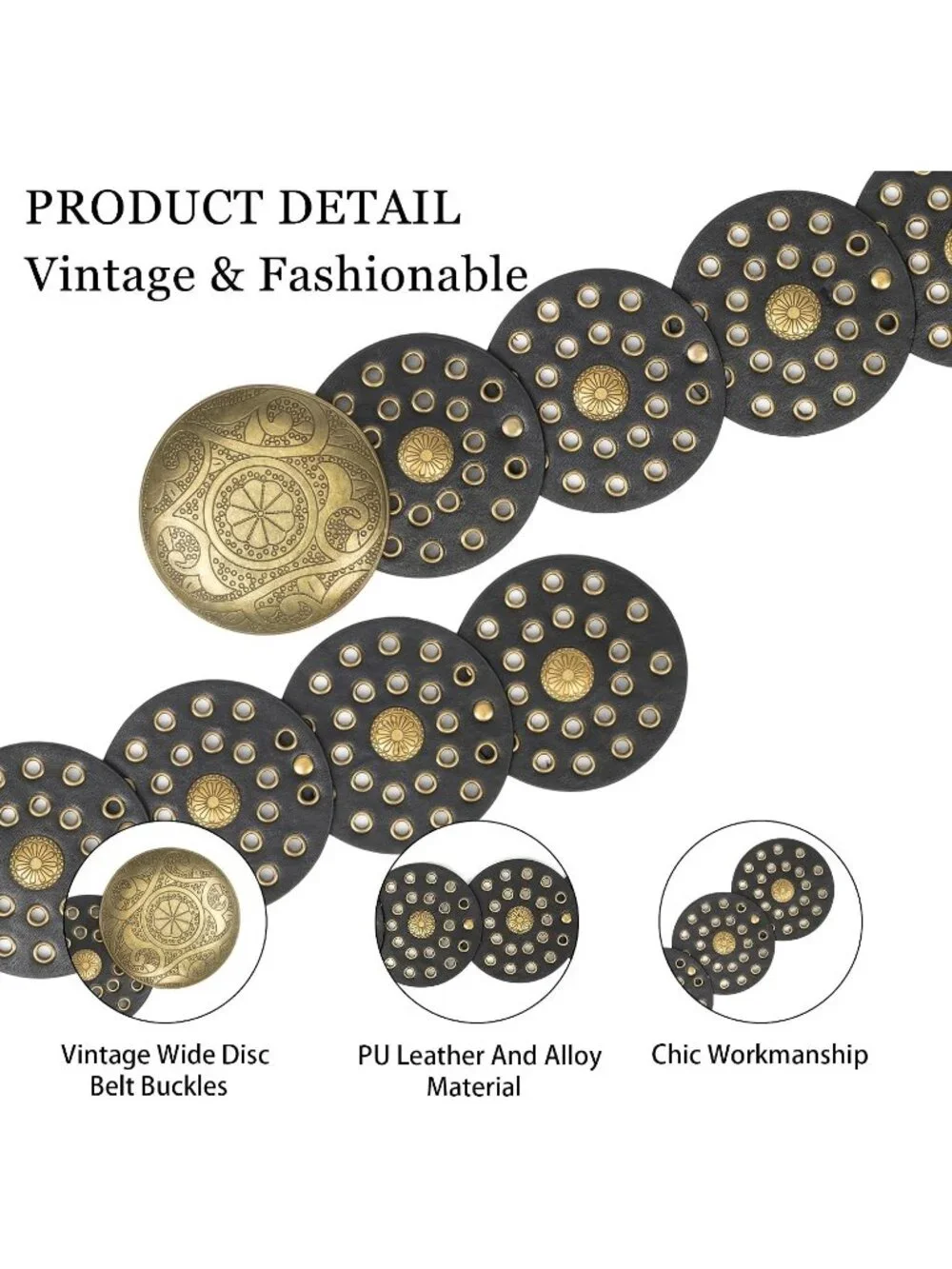 Women Black & Gold Wide Western Disc Belt Cowgirl Boho-Concho Leather Belt